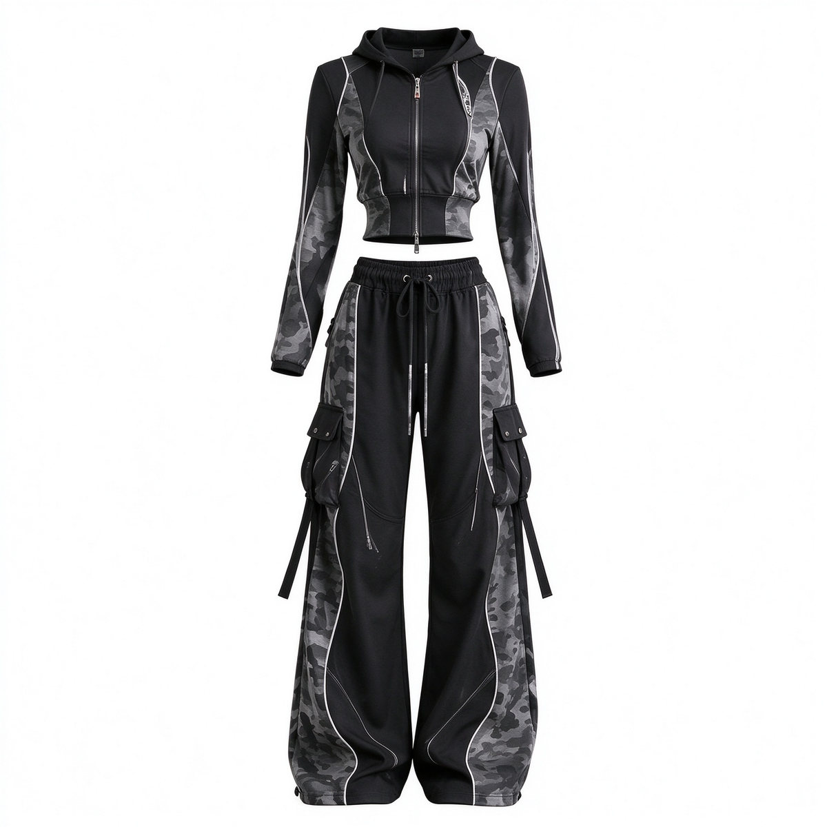 Black Camo Reflective Cargo Zip Hoodie & Wide-Leg Pants Streetwear Set