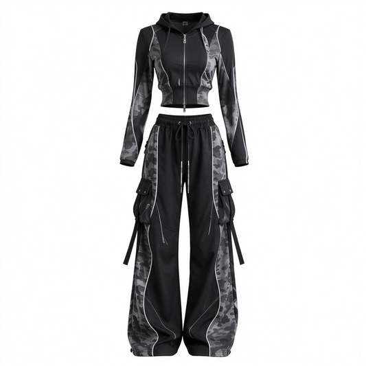 Black Camo Reflective Cargo Zip Hoodie & Wide-Leg Pants Streetwear Set