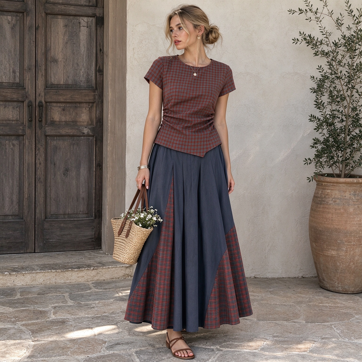 Red & Grey Plaid Crop Top & Navy Pleated Split Skirt Set