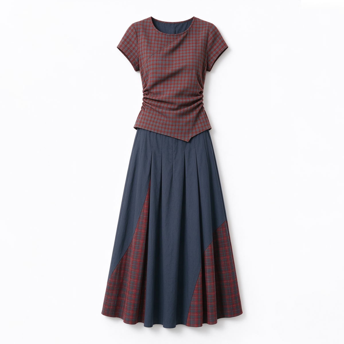 Red & Grey Plaid Crop Top & Navy Pleated Split Skirt Set