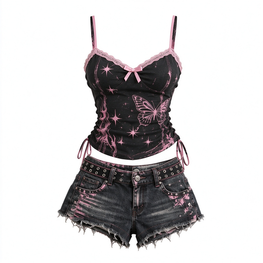 Black Pink Butterfly Lace Cami And Ripped Denim Shorts Set