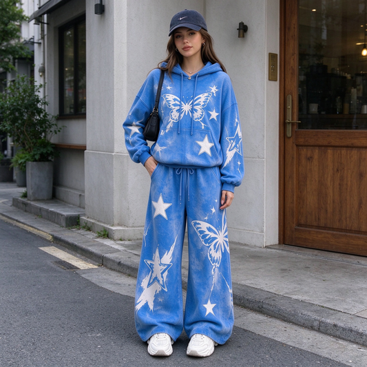 Butterfly & Star Print Oversized Hoodie Tracksuit 2 Piece Activewear Set