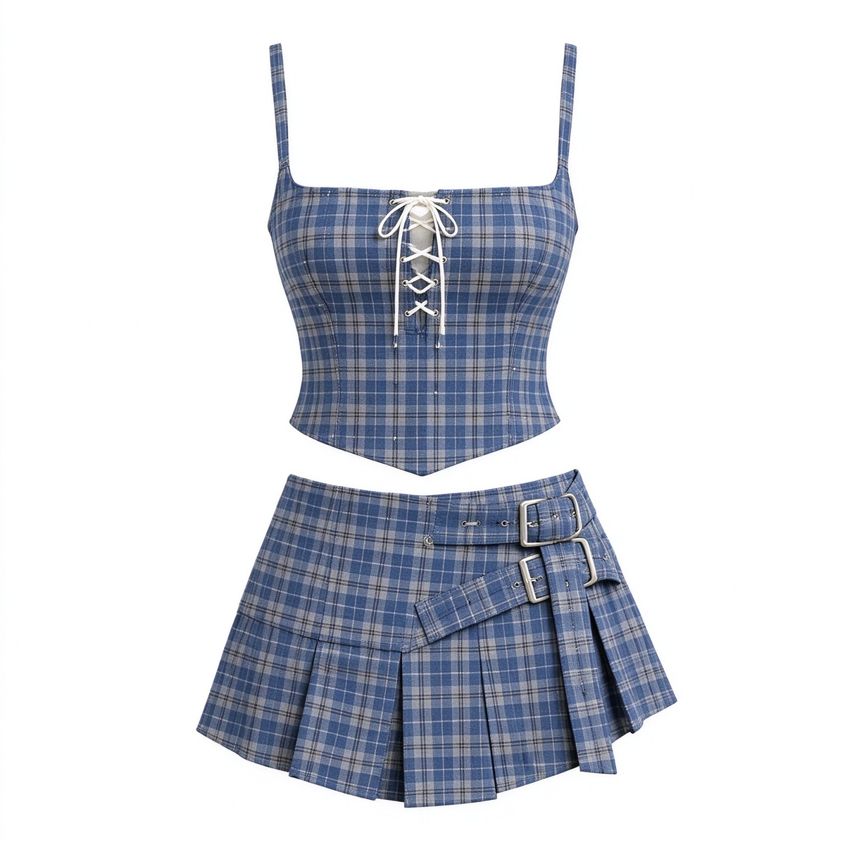 Blue Plaid Lace-Up Corset Cami Top Pleated Mini Skirt Co-ord Set