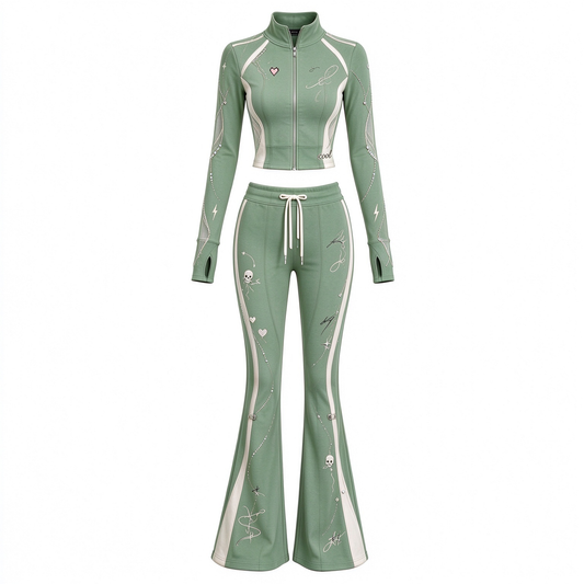 Rhinestone Heart Skull Print Cropped Zip Jacket Flare Pants 2 Piece Set