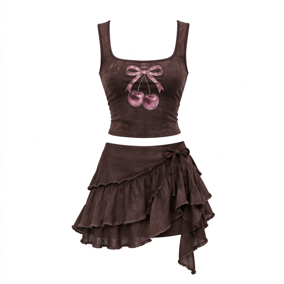 Brown Cherry Bow Graphic Tank Top Layered Ruffle Asymmetrical Skirt Set