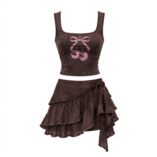 Brown Cherry Bow Graphic Tank Top Layered Ruffle Asymmetrical Skirt Set
