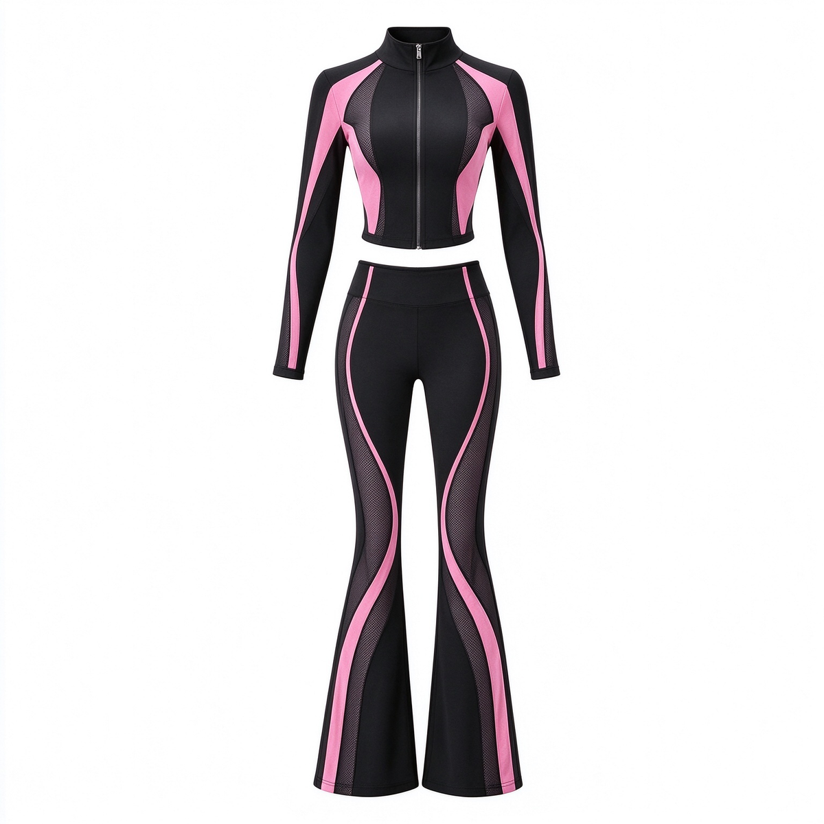 Mesh Panel Y2K Workout 2 Piece Set Cropped Zip Jacket & Flare Pants