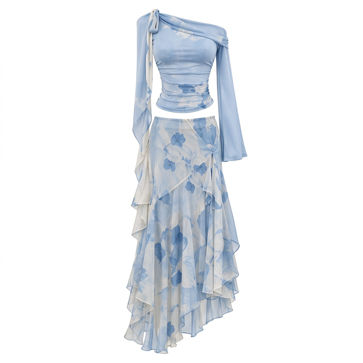 Sky Blue Floral Off-Shoulder Flare Sleeve Maxi Skirt Boho Set