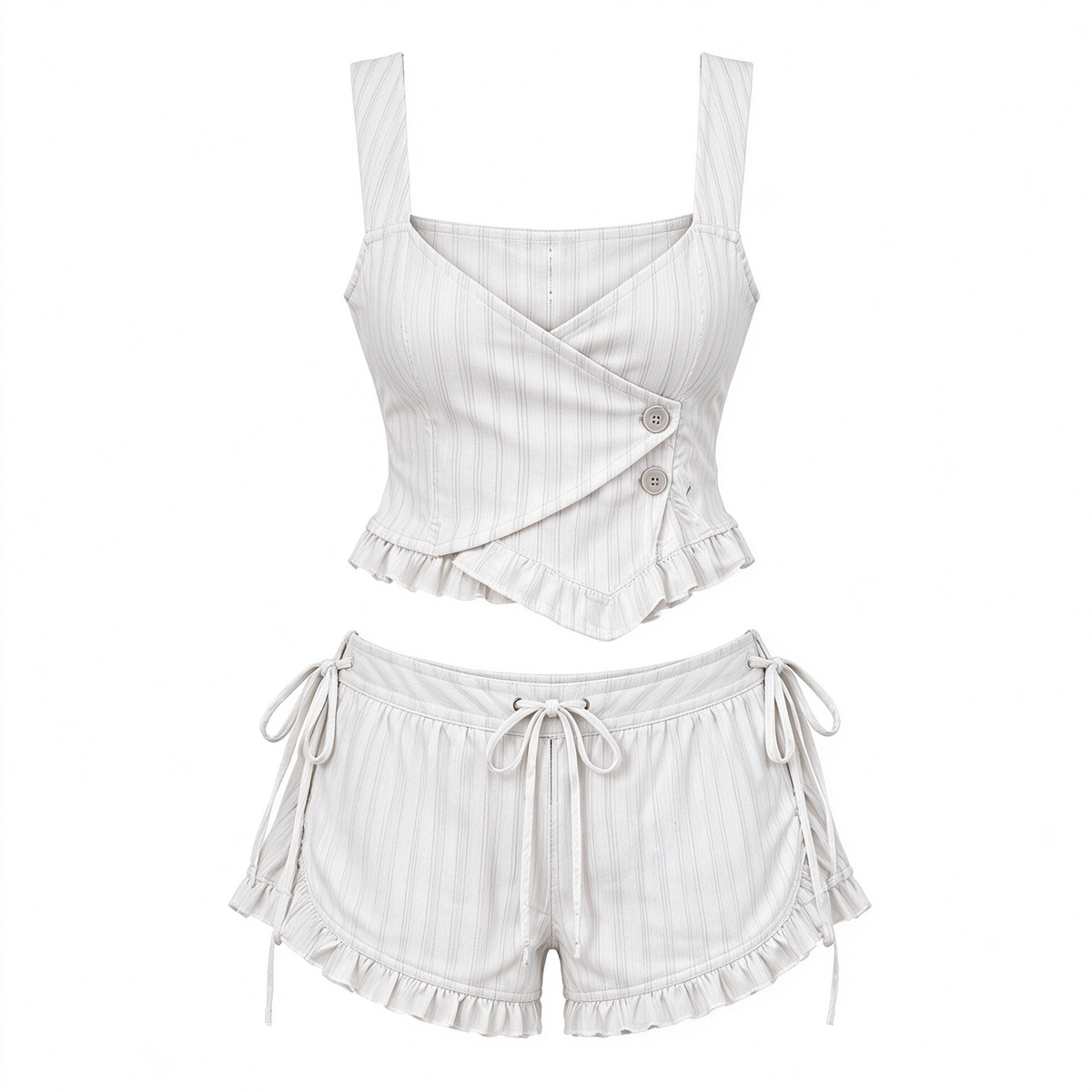 Pinstripe Wrap Cami & Ruffle Drawstring Shorts Set