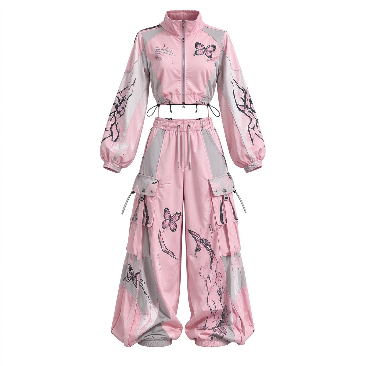 Butterfly Graffiti Cropped Jacket & Cargo Wide Leg Pants 2 Piece Streetwear Set