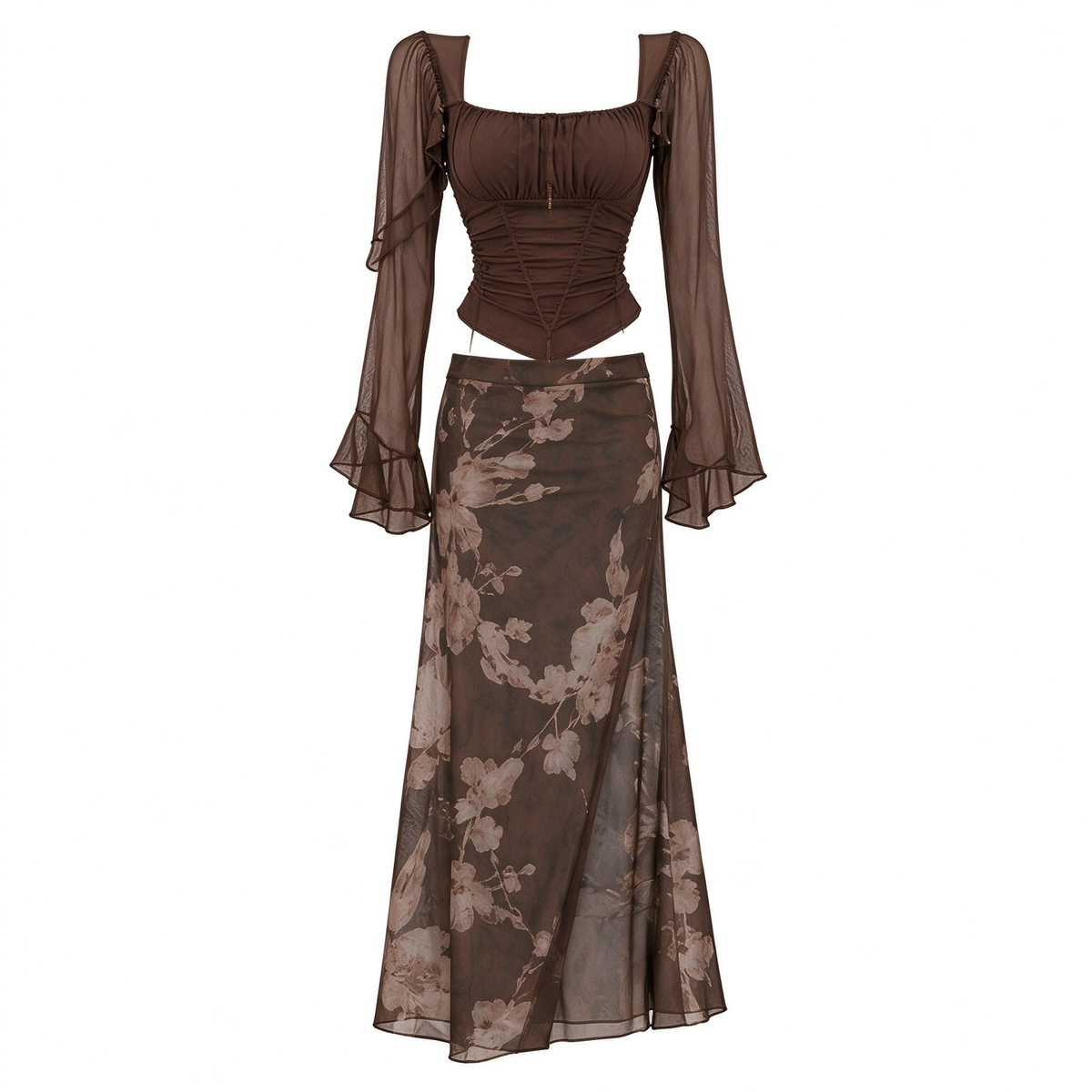 Chocolate Brown Mesh Corset Long Sleeve Floral Maxi Skirt Set