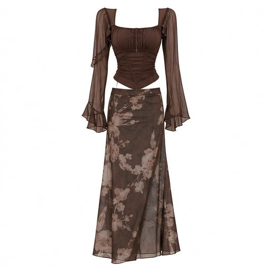 Chocolate Brown Mesh Corset Long Sleeve Floral Maxi Skirt Set