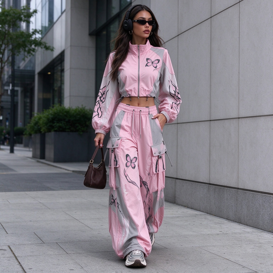Butterfly Graffiti Cropped Jacket & Cargo Wide Leg Pants 2 Piece Streetwear Set