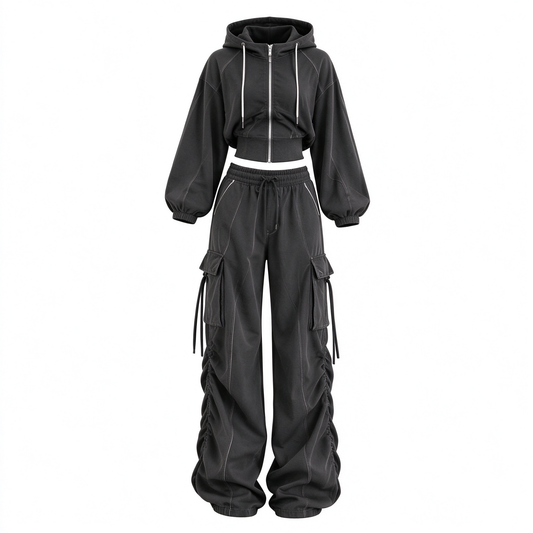 Cropped Zip Hoodie & Ruched Cargo Pants 2 Piece Women Activewear Set