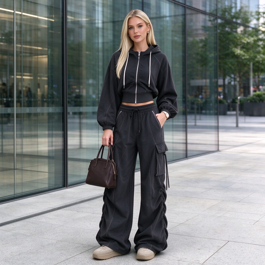 Cropped Zip Hoodie & Ruched Cargo Pants 2 Piece Women Activewear Set