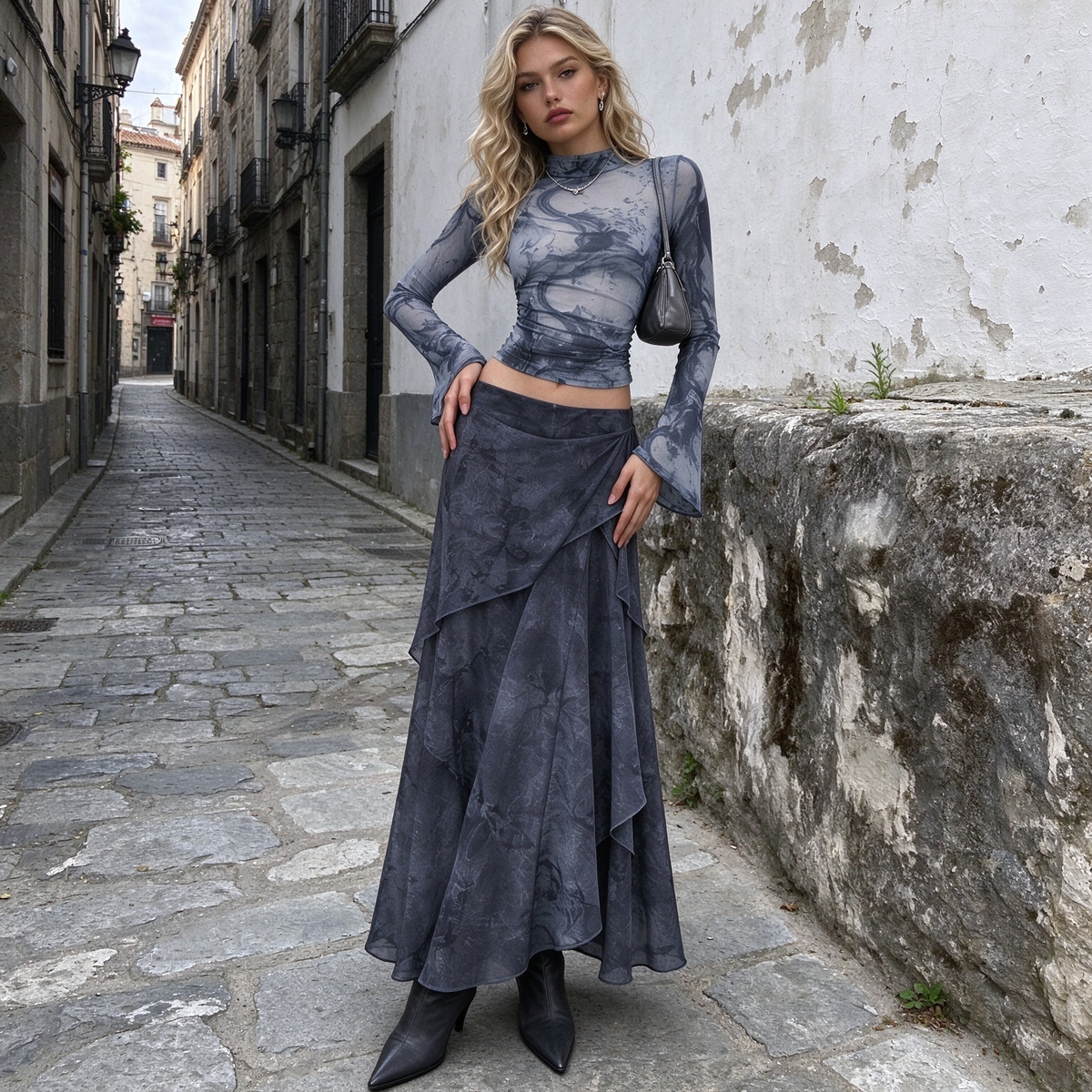 Smoky Blue Ink Wash Mock Neck Flare Sleeve Maxi Skirt Set