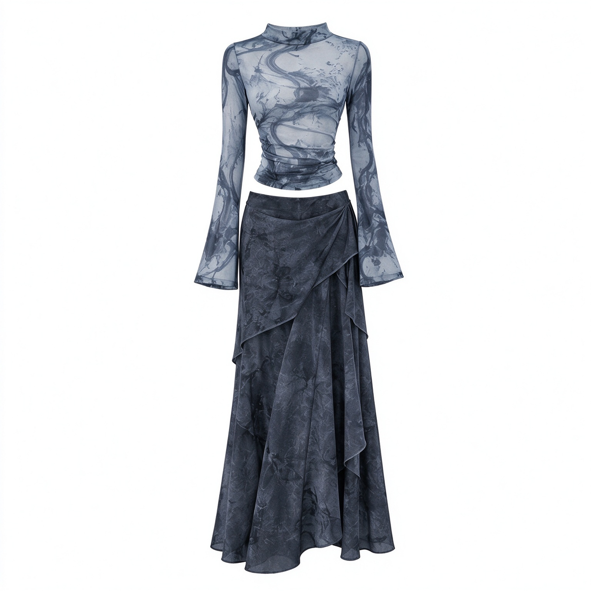 Smoky Blue Ink Wash Mock Neck Flare Sleeve Maxi Skirt Set