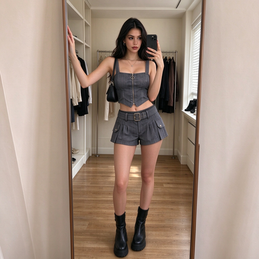 Charcoal Pinstripe Zip Cami & Belted Cargo Shorts Set