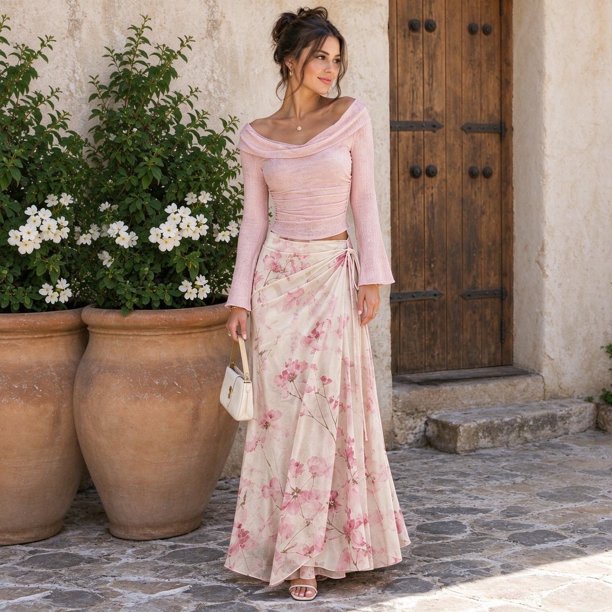 Blush Pink Cowl Neck Flare Sleeve Floral Wrap Maxi Skirt Set