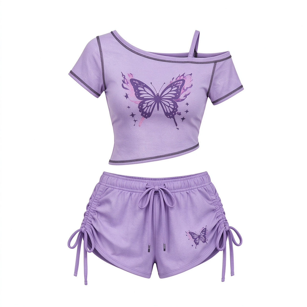Lavender Butterfly Off-Shoulder Top & Ruched Shorts Set