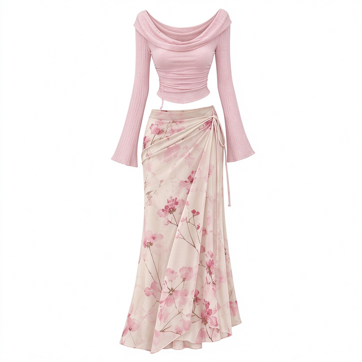 Blush Pink Cowl Neck Flare Sleeve Floral Wrap Maxi Skirt Set