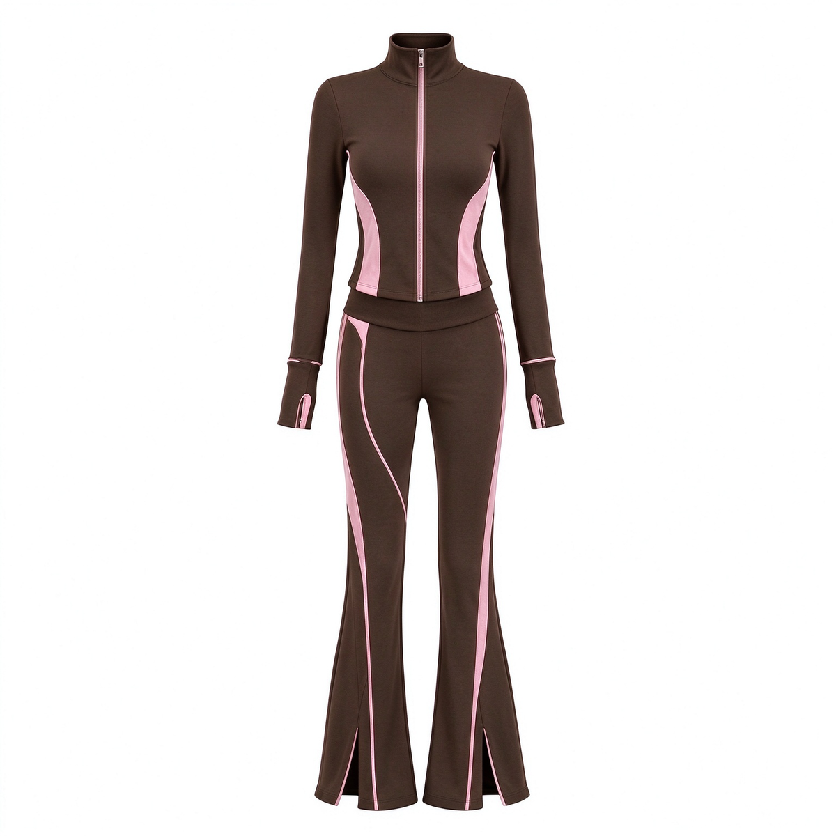 Brown Pink Color Block Slit Flare Pants 2 Piece Activewear Set