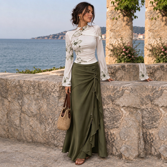 White Green Floral Sheer Long Sleeve Top Olive Satin Wrap Maxi Skirt Set