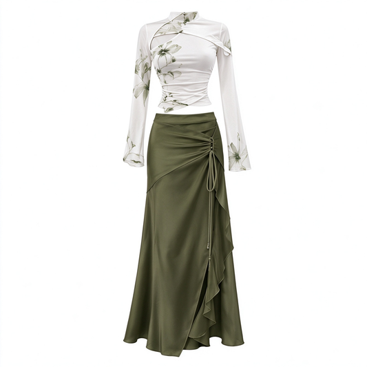 White Green Floral Sheer Long Sleeve Top Olive Satin Wrap Maxi Skirt Set