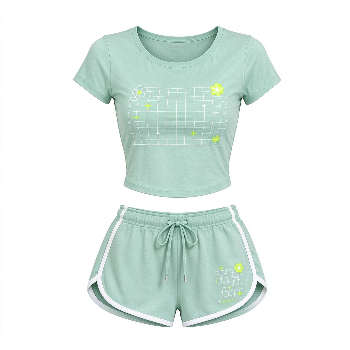 Green Floral Grid Print Crop Top And Shorts Set