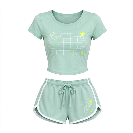 Green Floral Grid Print Crop Top And Shorts Set
