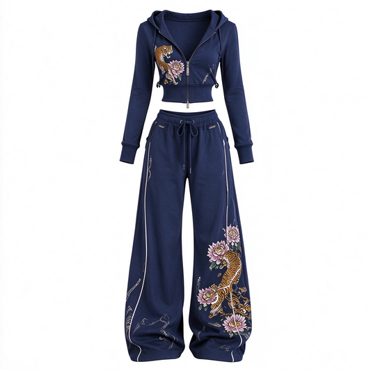 Tiger & Peony Embroidered Crop Zip Hoodie & Wide-Leg Pants Set