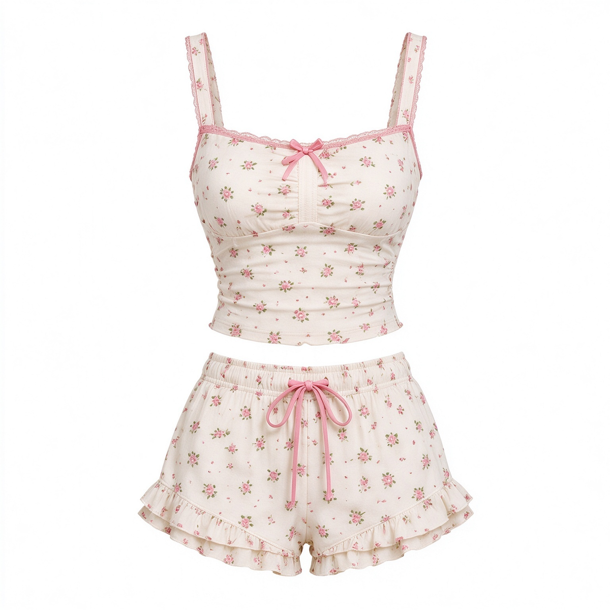Cream Ditsy Floral Cami & Ruffle Shorts Set