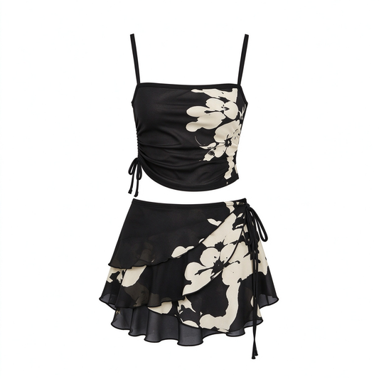 Black White Floral Cami Top Layered Ruffle Wrap Mini Skirt Set