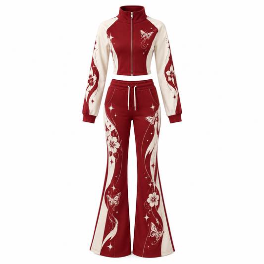 Wine Red & Cream Floral Color-Block Cropped Jacket & Flare Pants 2 Piece Set
