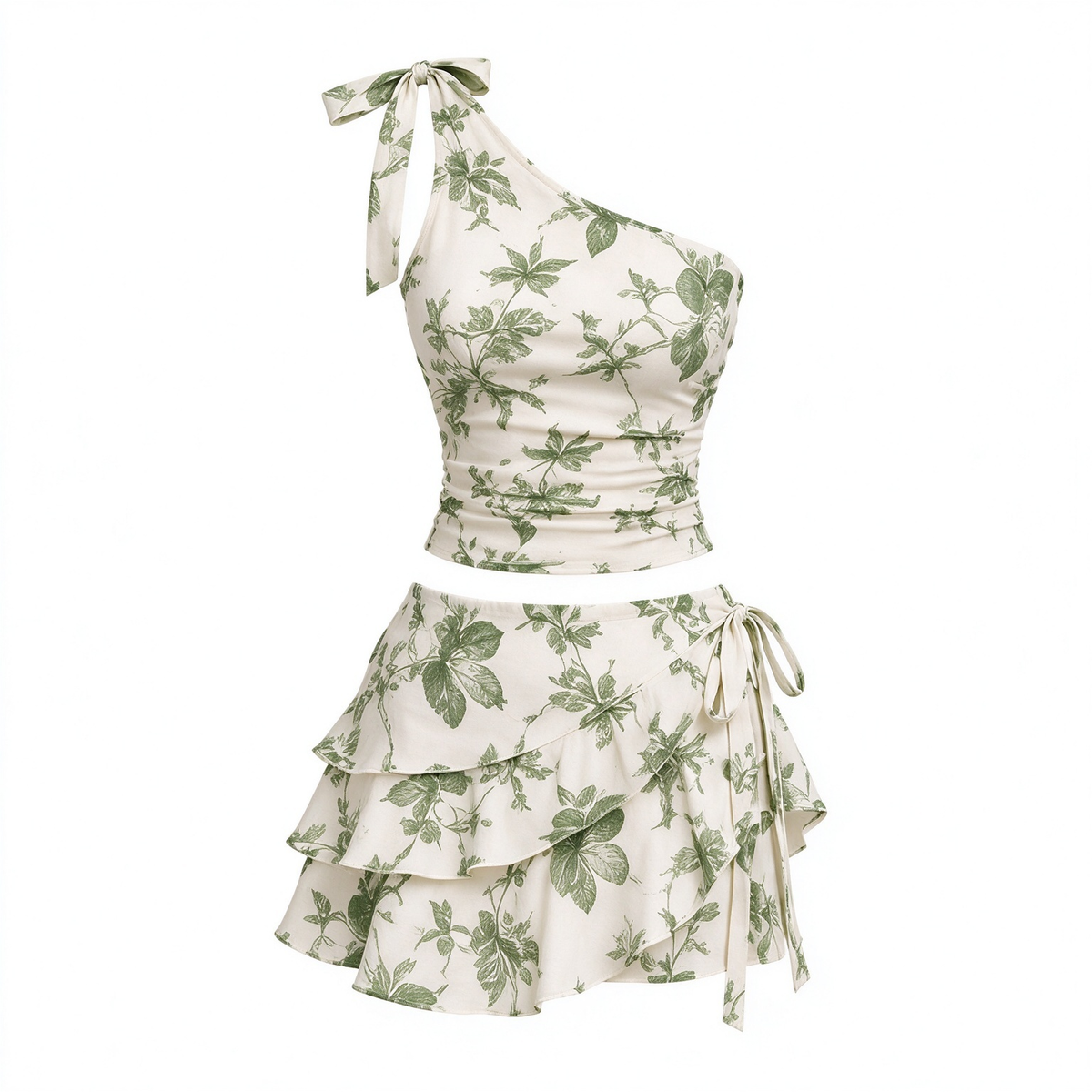 Cream Green Botanical Print One-Shoulder Crop Top & Ruffle Tiered Skirt Set