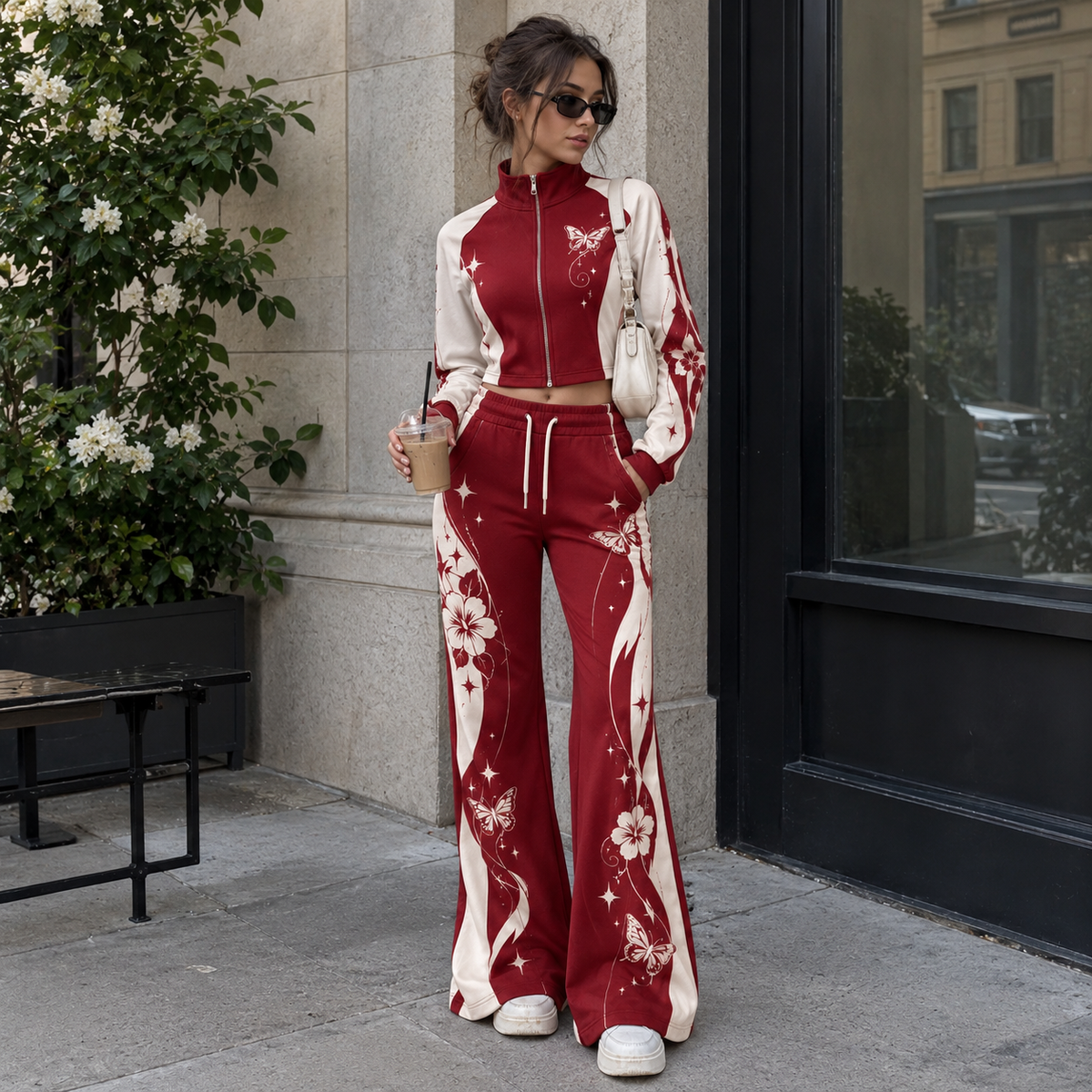Wine Red & Cream Floral Color-Block Cropped Jacket & Flare Pants 2 Piece Set