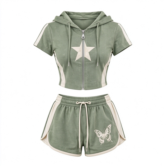 Olive Green & Cream Color-Block Crop Zip Top & Drawstring Shorts 2 Piece Set