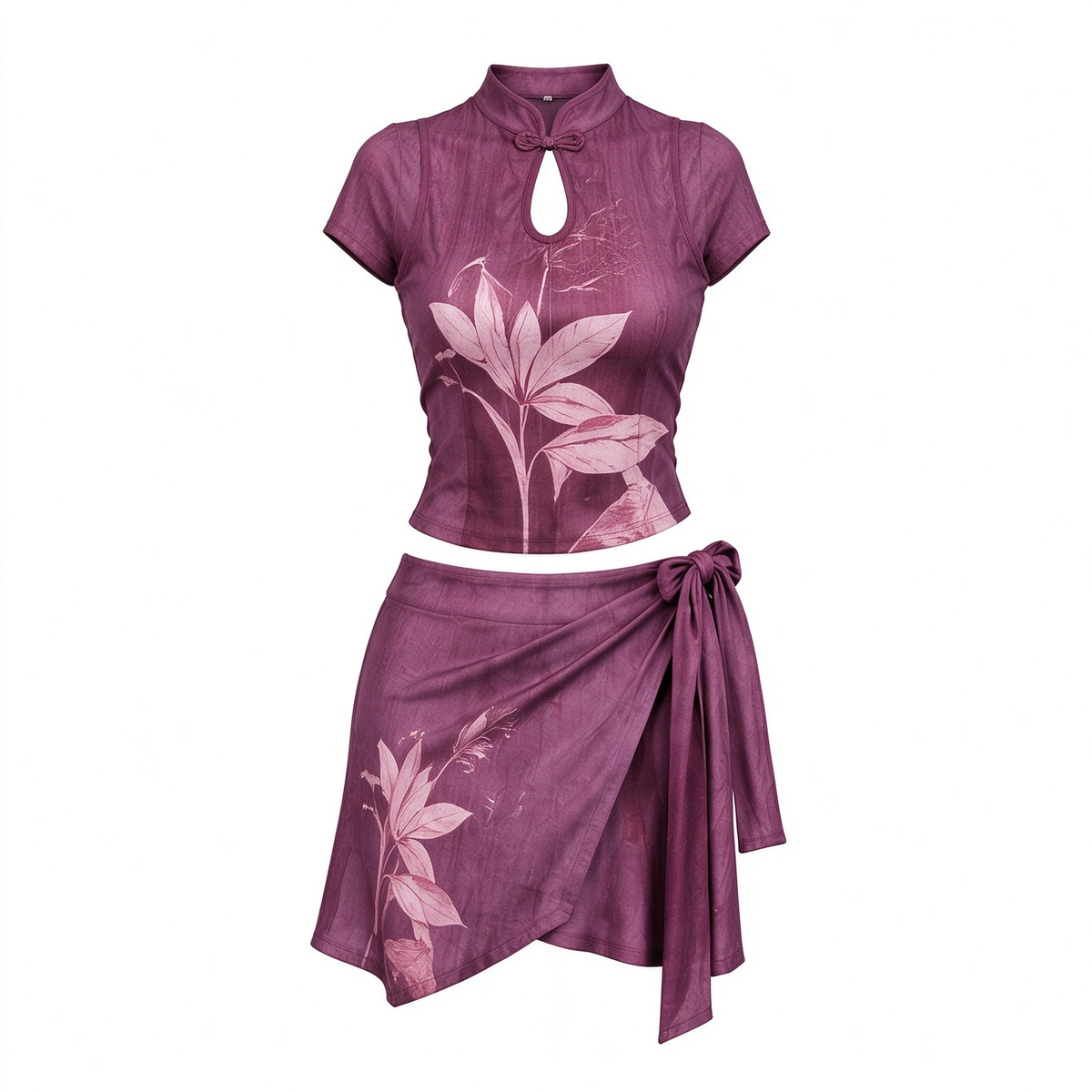 Purple-Red Qipao Stand-Collar Crop Top & Wrap Mini Skirt Set