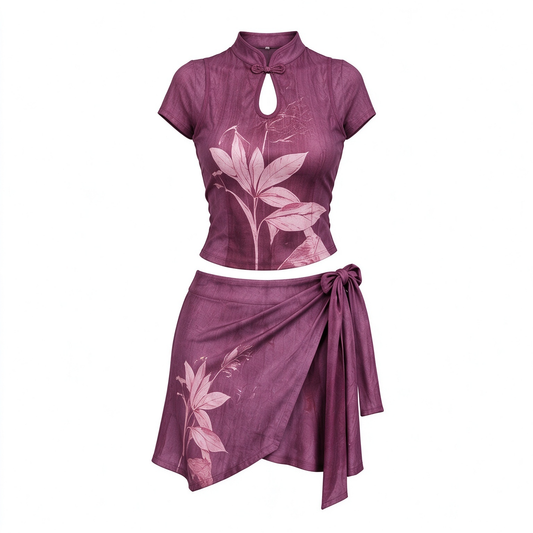Purple-Red Qipao Stand-Collar Crop Top & Wrap Mini Skirt Set