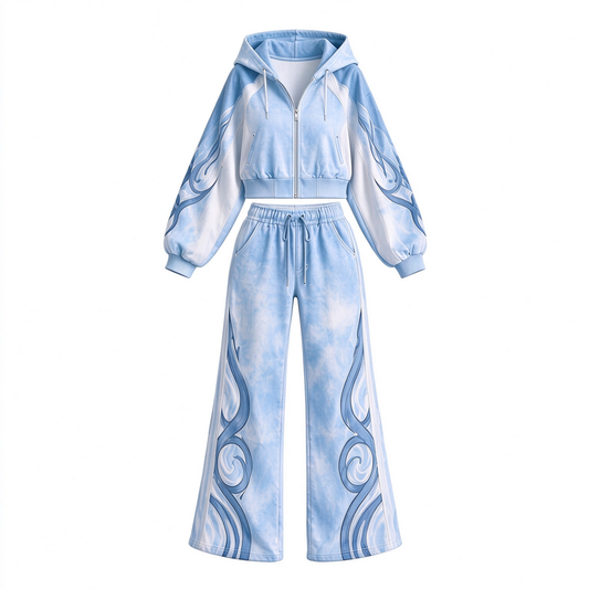 Blue & White Tie-Dye Print Crop Zip Hoodie & Wide-Leg Pants 2 Piece Set