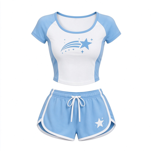 White & Light Blue Color-Block Crop Tee & Star Print Shorts 2 Piece Set