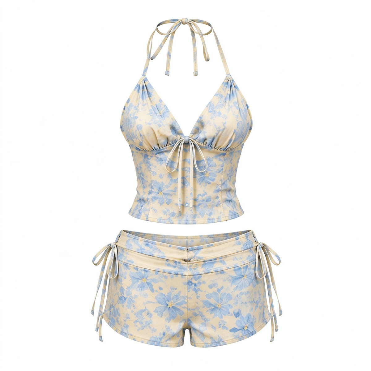 Cream Blue Watercolor Floral Halter Crop Top & High-Waist Shorts 2 Piece Set