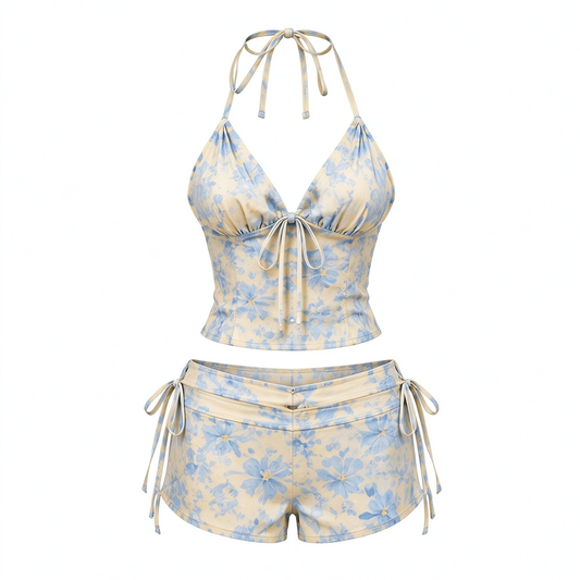 Cream Blue Watercolor Floral Halter Crop Top & High-Waist Shorts 2 Piece Set