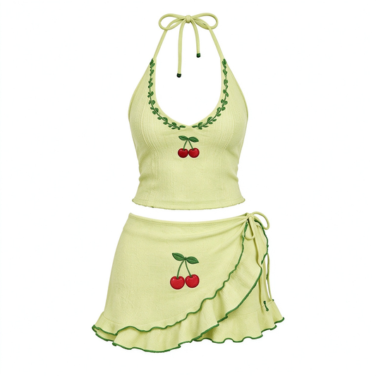 Pale Yellow-Green Halter Crop Top & Wrap Ruffle Skirt with Cherry Embroidery Set