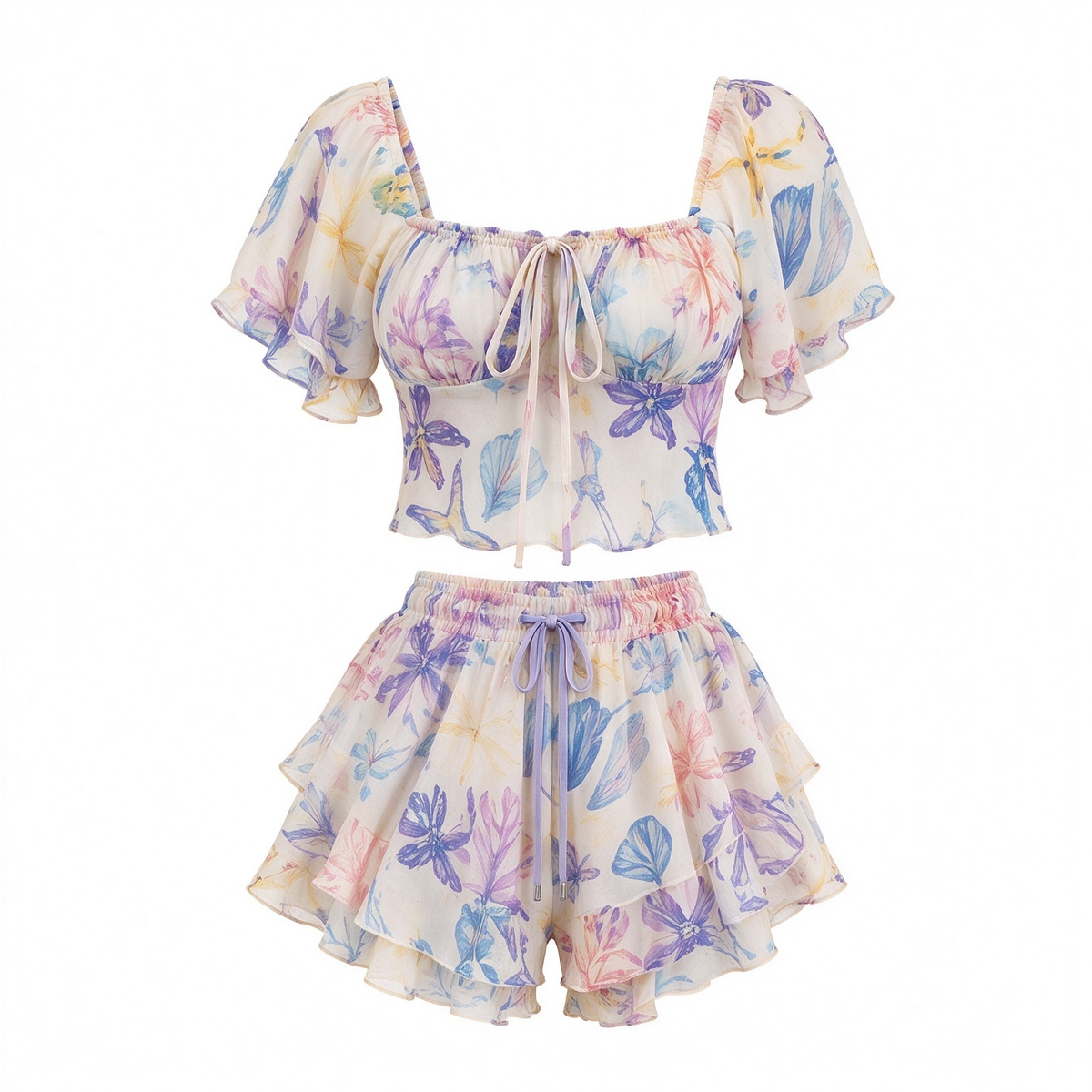Chiffon Puff-Sleeve Crop Top & Ruffle High-Waist Shorts Set with Watercolor Floral Print