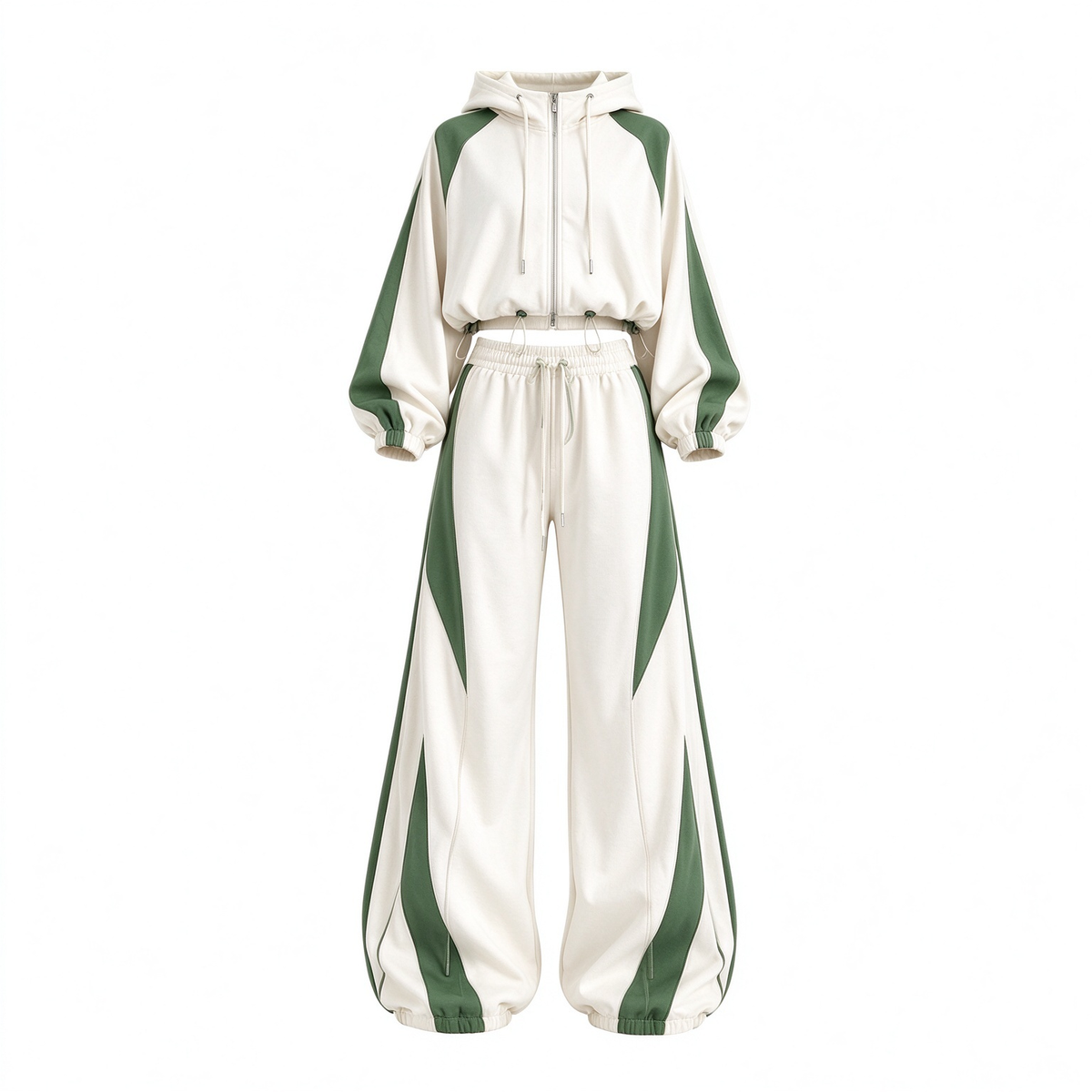 Cream & Deep Green Color-Block Crop Hoodie & Cuffed Wide-Leg Sweatpants Set
