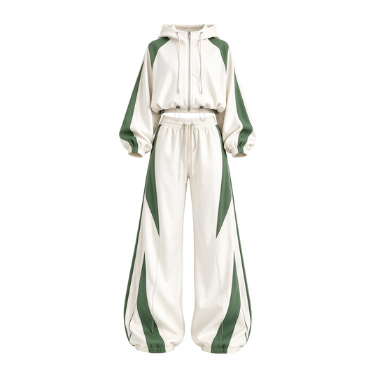 Cream & Deep Green Color-Block Crop Hoodie & Cuffed Wide-Leg Sweatpants Set