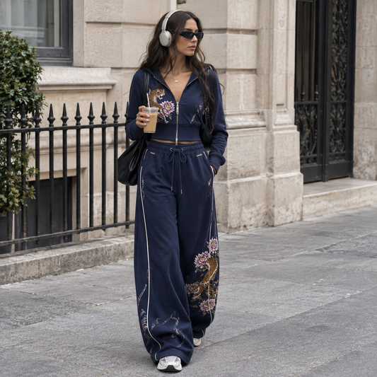 Tiger & Peony Embroidered Crop Zip Hoodie & Wide-Leg Pants Set