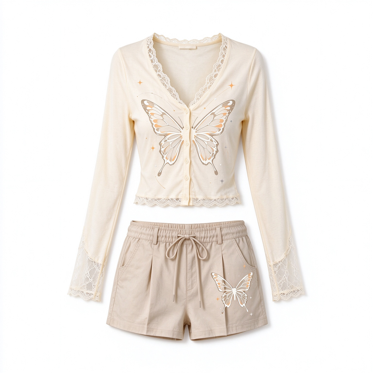 Cream Butterfly Lace Trim Long Sleeve Top And Shorts Set