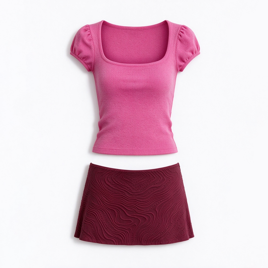 Rose Pink Puff-Sleeve Knit Crop Top & Wine-Red Mini Skirt Set